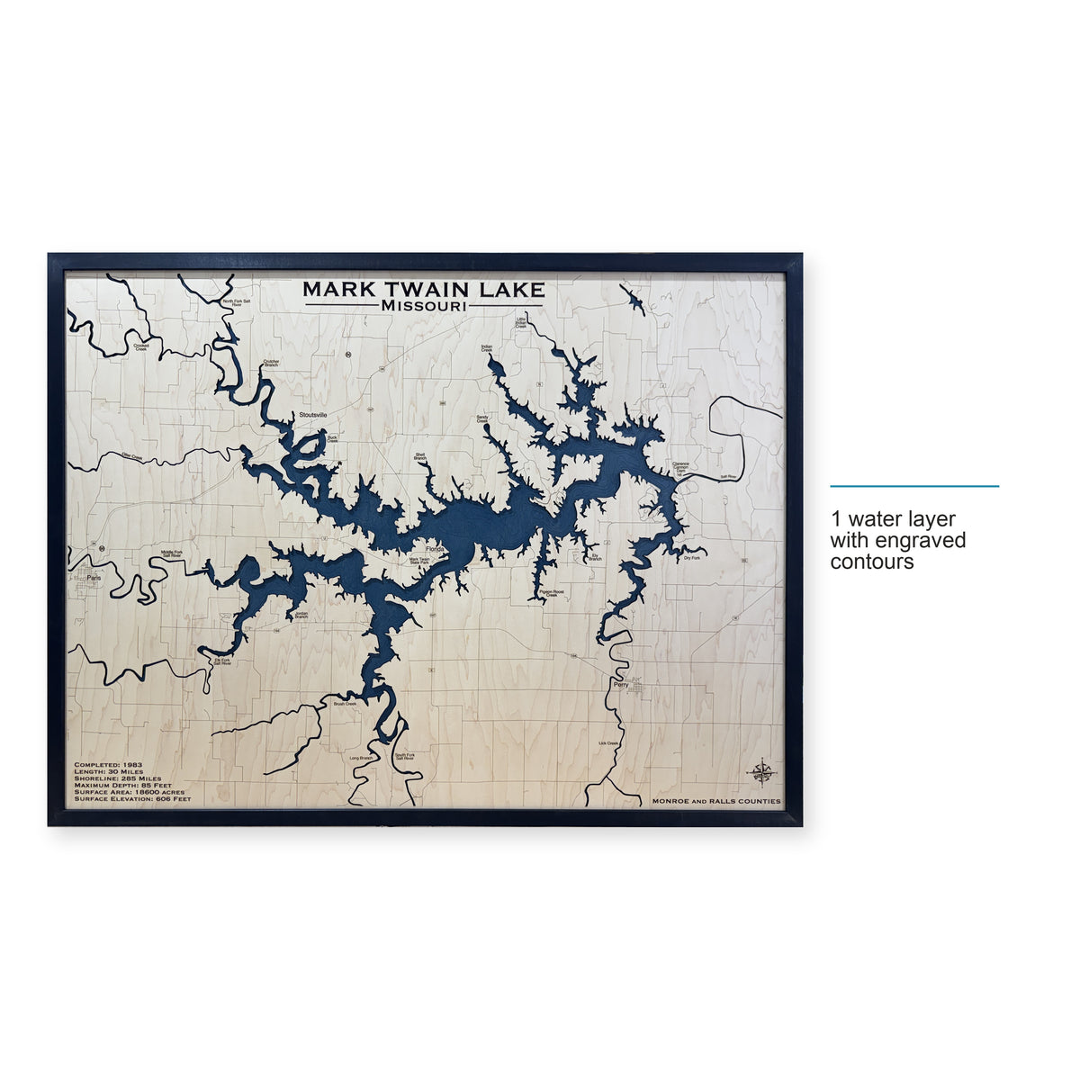 Mark Twain Lake, Missouri Wood Map — style-labeled photo [MC20261006 q3702 b4140b1e0158]