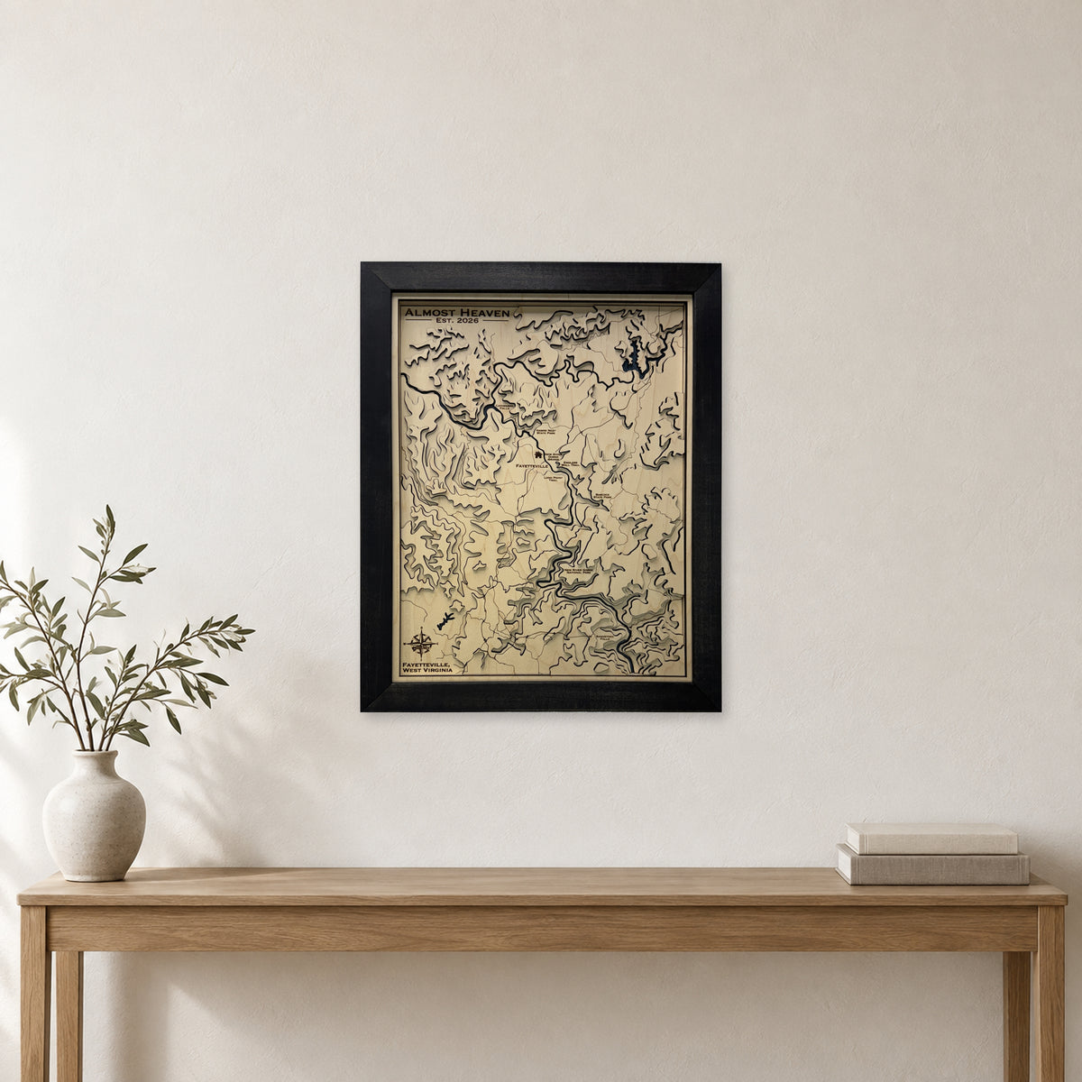Fayetteville, West Virginia Topographic Wood Map — room mockup [MC20261006 q3715 a1cdbea005ea]