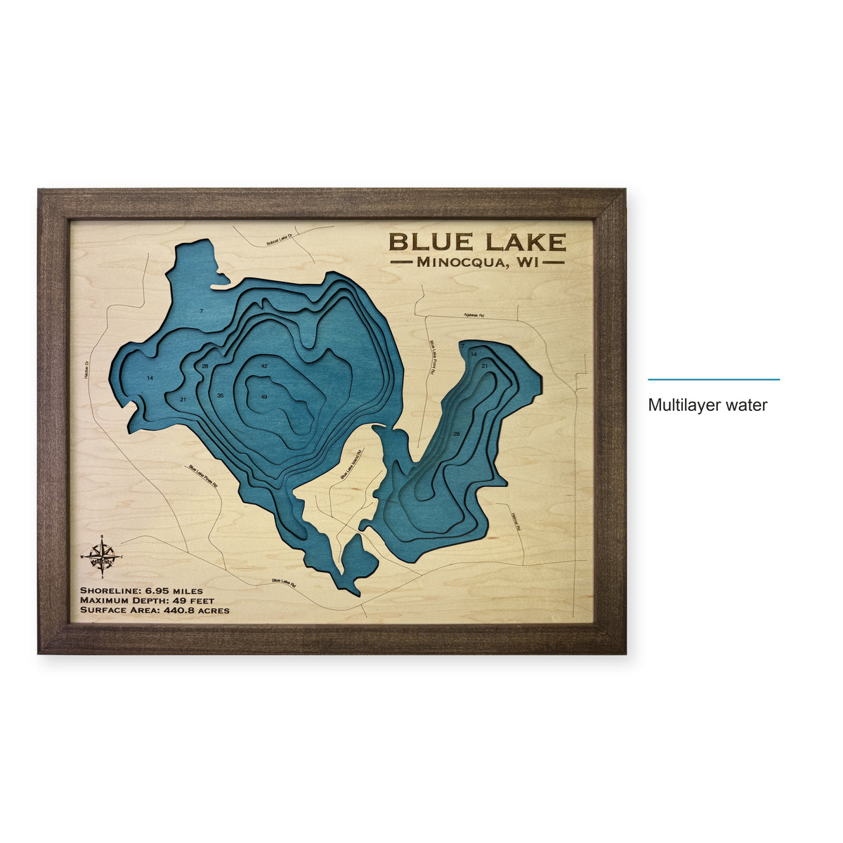 Blue Lake, Minocqua, Wisconsin Wood Map — style-labeled photo [MC20261006 q3767 f885d713033d]