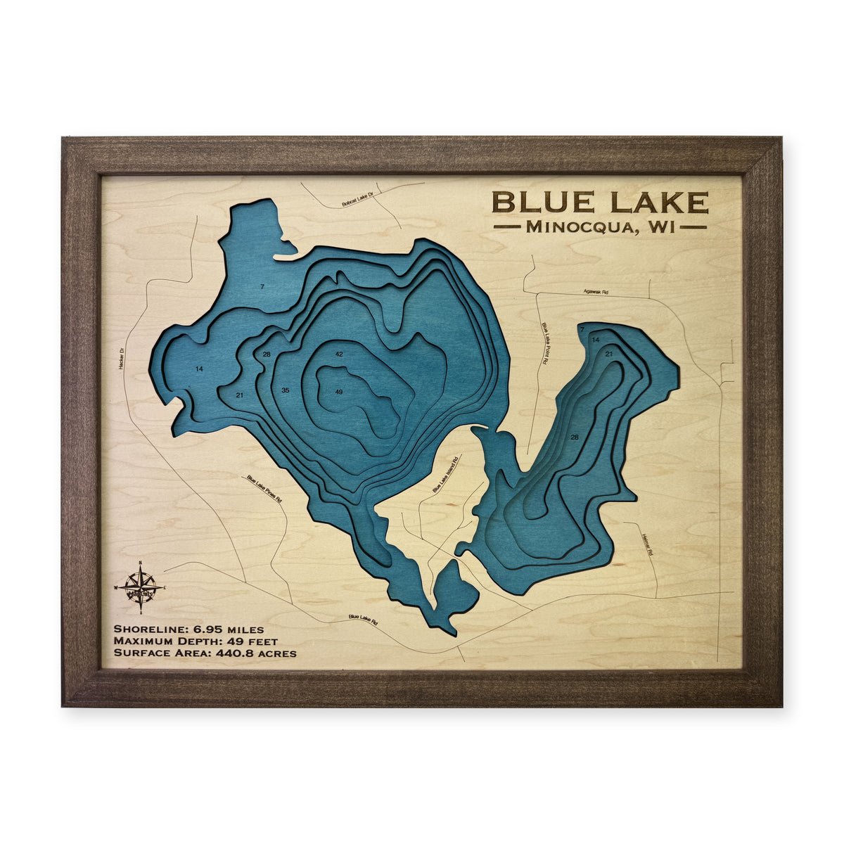 Blue Lake, Minocqua, Wisconsin Wood Map — plain-background photo [MC20261006 q3767 f6aec98a66ad]