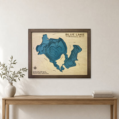 Blue Lake, Minocqua, Wisconsin Wood Map — room mockup [MC20261006 q3767 2772d5fe543f]