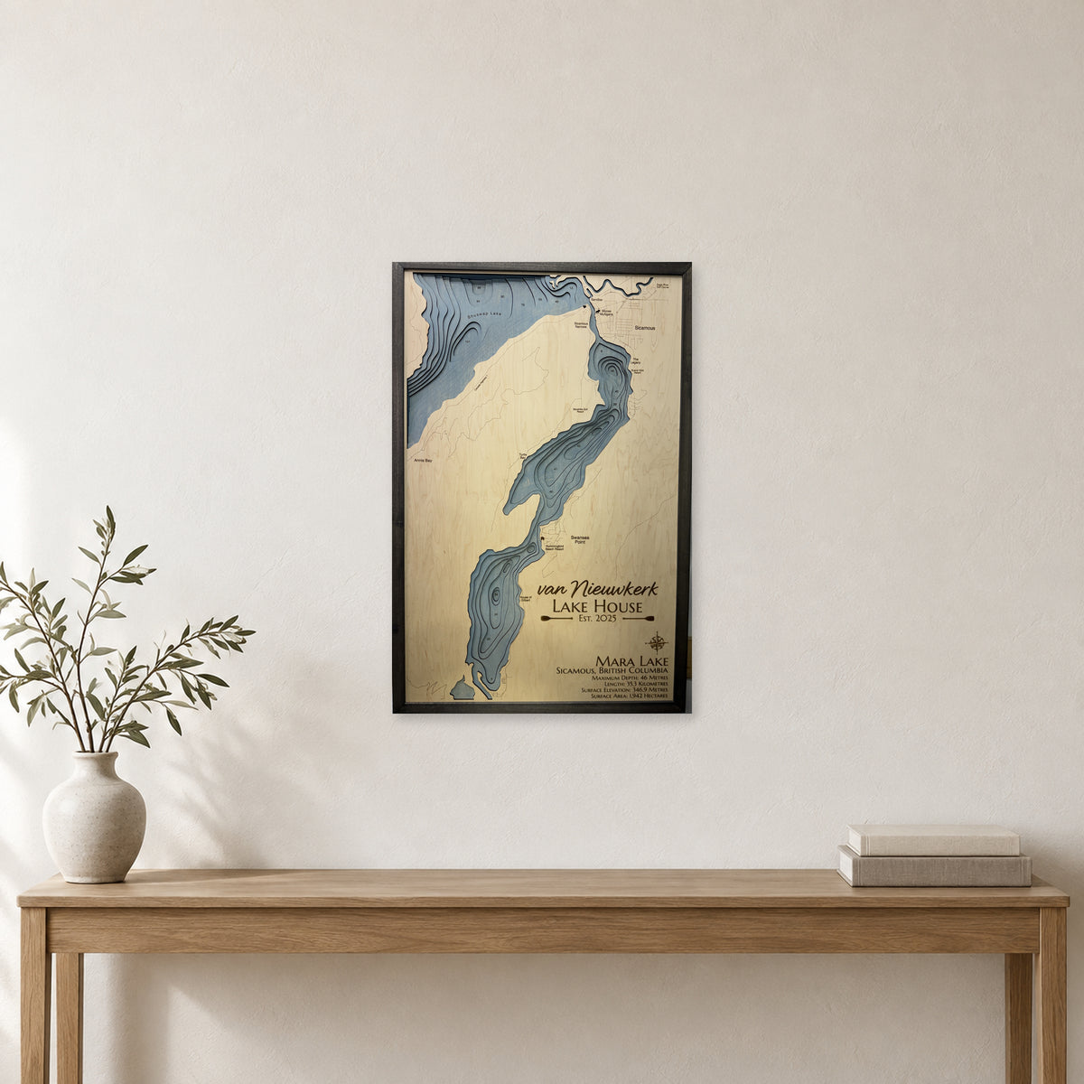 Mara Lake, British Columbia Wood Map — room mockup [MC20261006 q3778 2c63a5016725]
