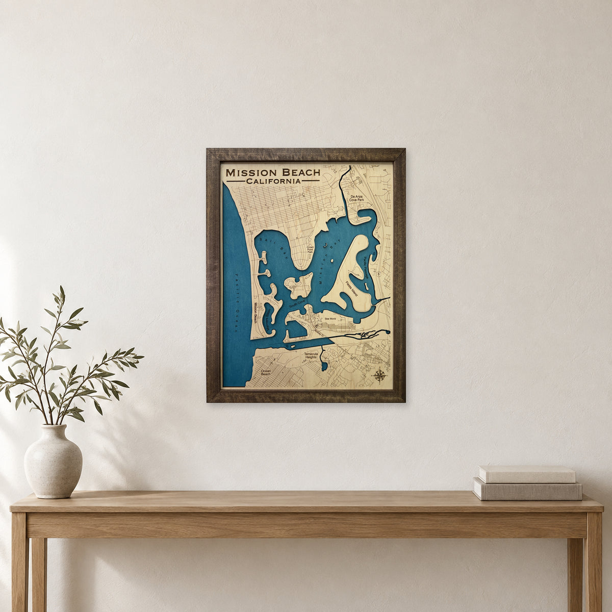 Mission Beach California Single Water Layer Wood Map — room mockup [MC20261006 q3782 406db8070178]