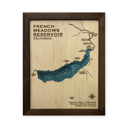 French Meadows Reservoir, California Wood Map — plain-background photo [MC20261006 q3786 224430f73238]