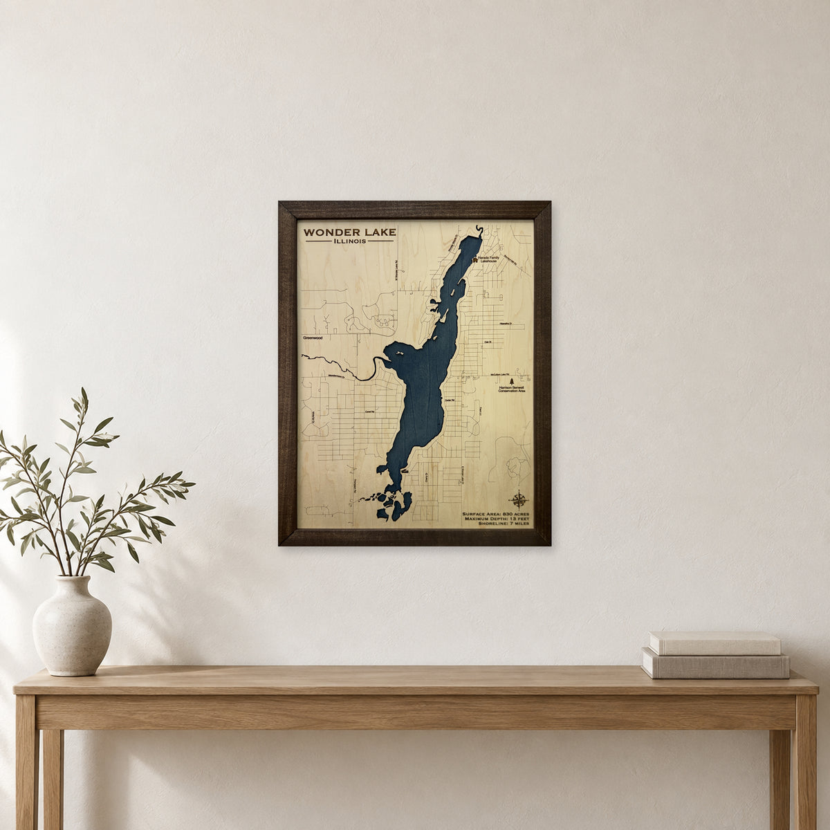 Wonder Lake, Illinois Wood Map — room mockup [MC20261006 q3801 6b6a7bf5f3fd]