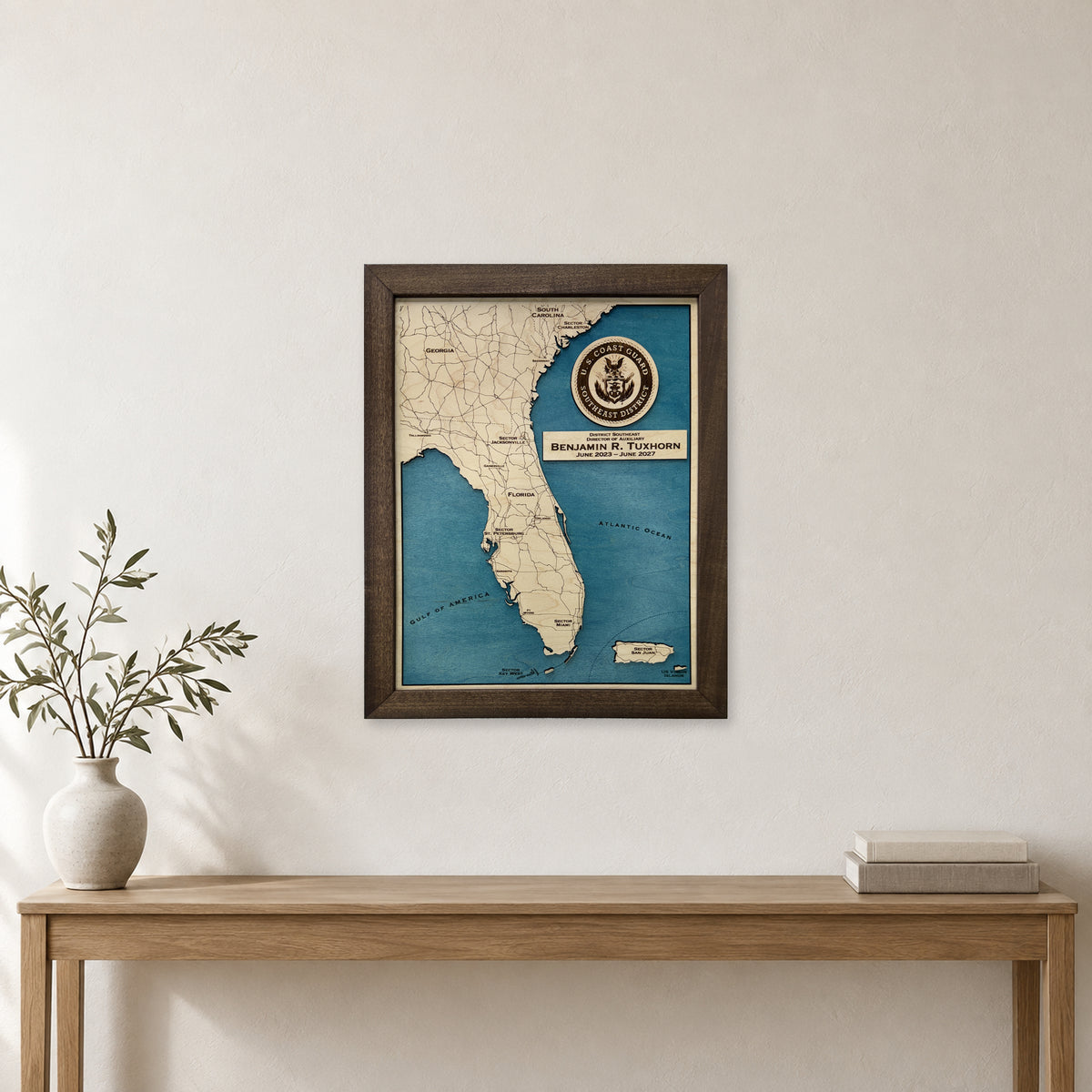 Florida Coast Guard Benjamin Tuxhorn Wood Map — room mockup [MC20261006 q3839 7d196a3f6e56]