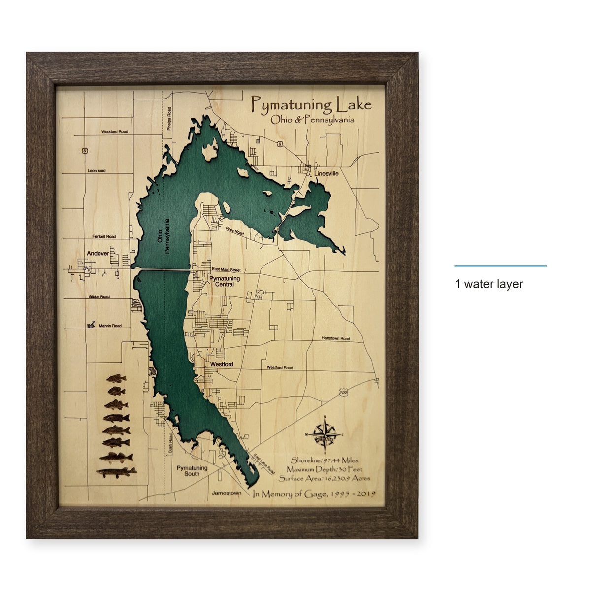 Pymatuning Lake Ohio Pennsylvania Single Water Layer Wood Map — style-labeled photo [MC20261006 q3848 9e101618ce23]