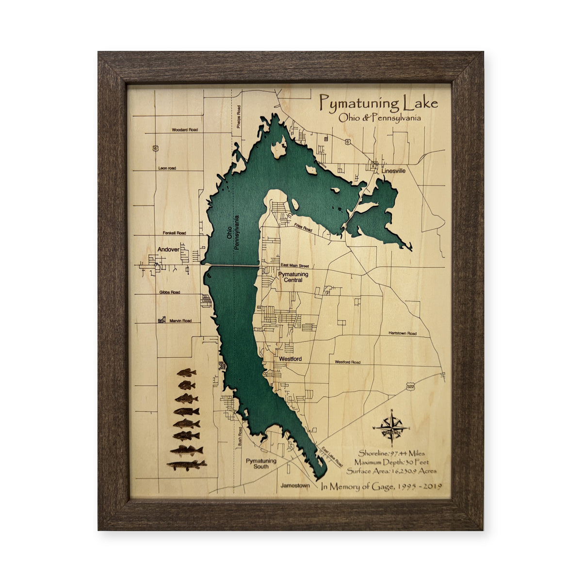 Pymatuning Lake Ohio Pennsylvania Single Water Layer Wood Map — 1 water layer main photo [MC20261006 q3848 d34f595fe687]