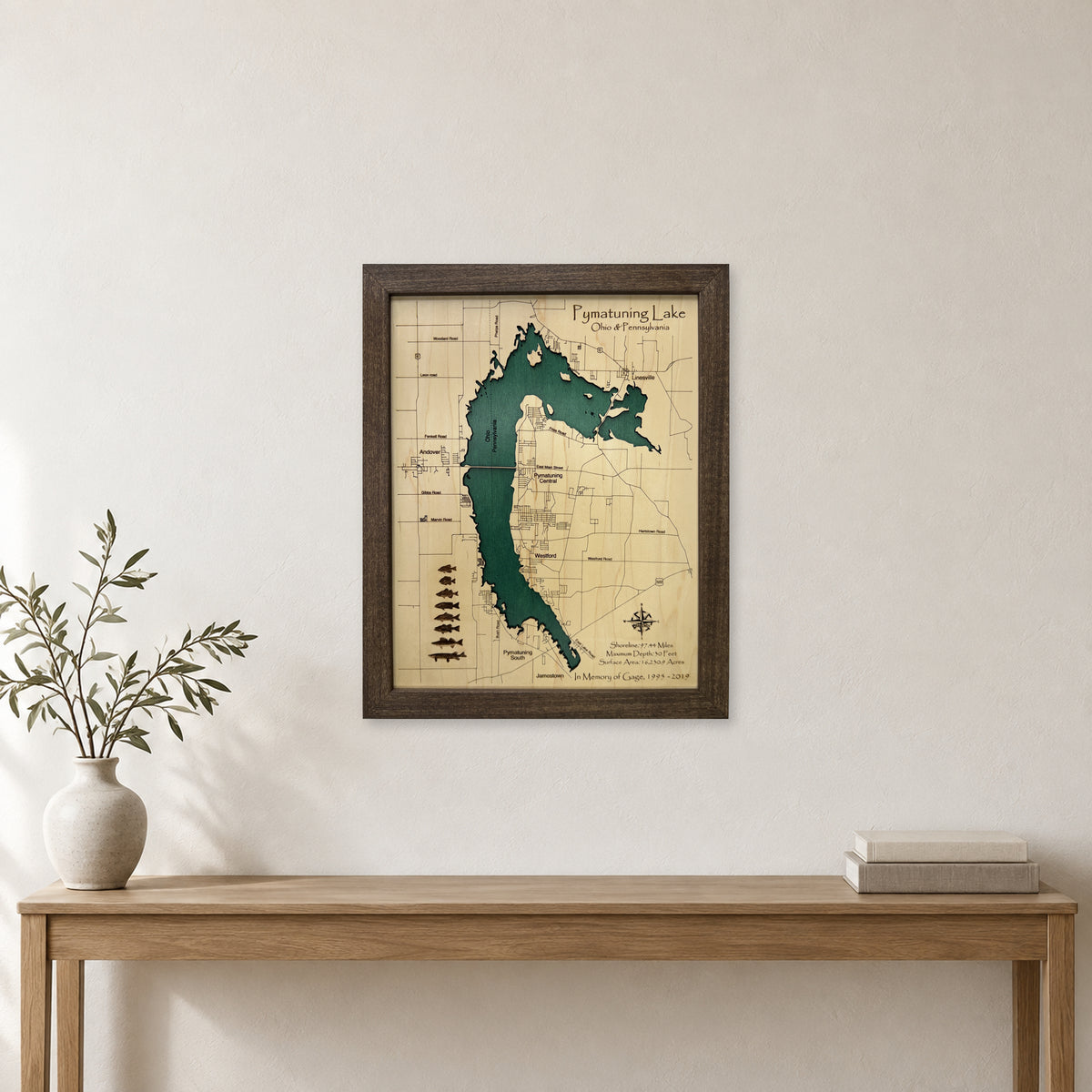 Pymatuning Lake Ohio Pennsylvania Single Water Layer Wood Map — room mockup [MC20261006 q3848 6574dde1e58c]