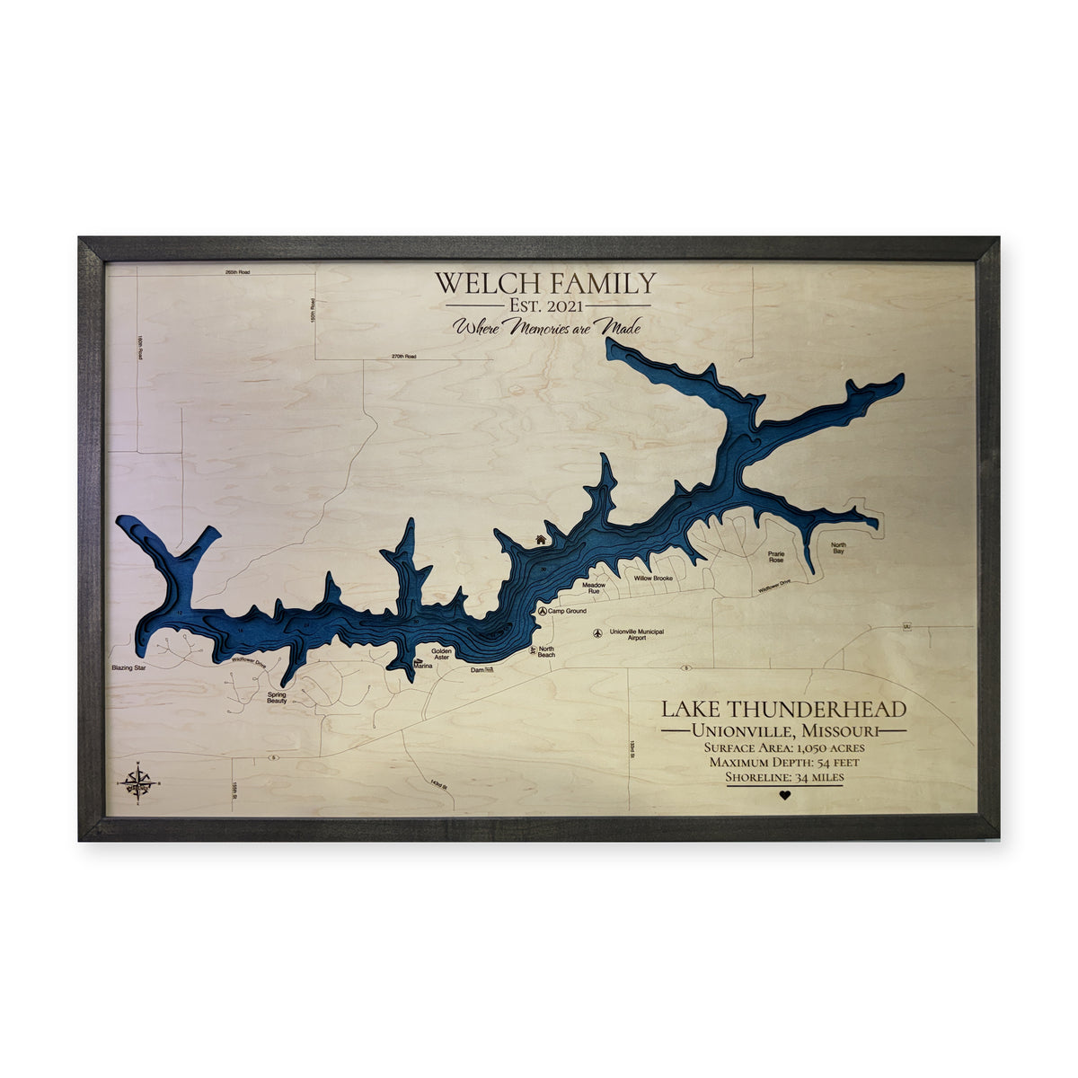 Lake Thunderhead, Unionville, Missouri Wood Map — plain-background photo [MC20261006 q3887 4447e9a40438]