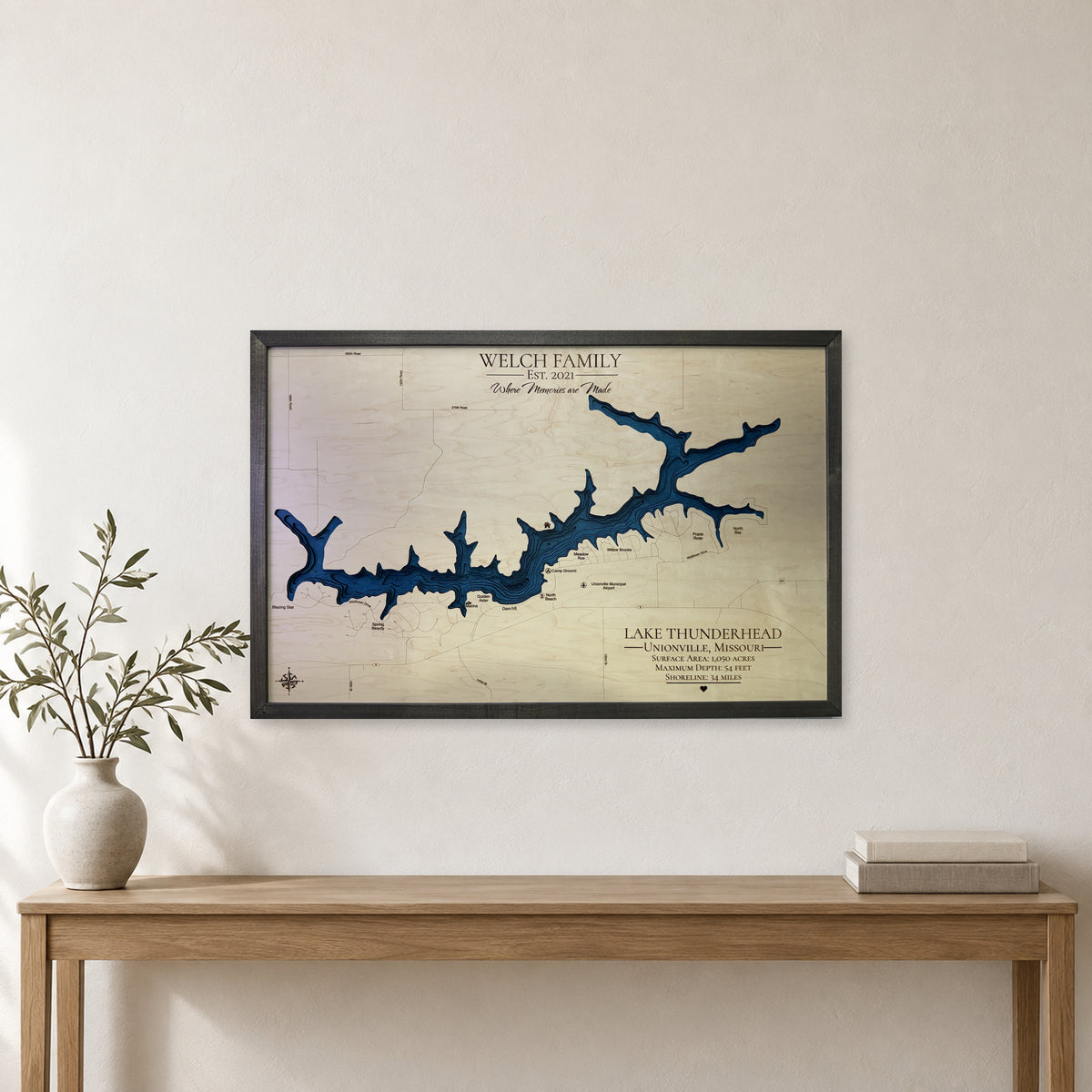Lake Thunderhead, Unionville, Missouri Wood Map — room mockup [MC20261006 q3887 057c39b9092a]