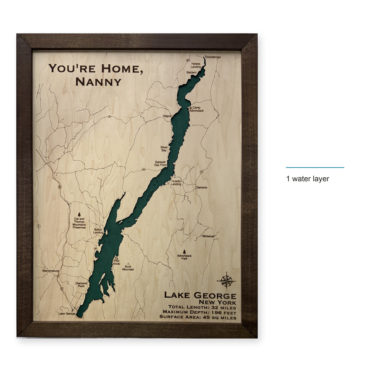 Lake George New York Green Single Water Layer Wood Map — style-labeled photo [MC20261006 q3895 5e9c2f8cfd80]