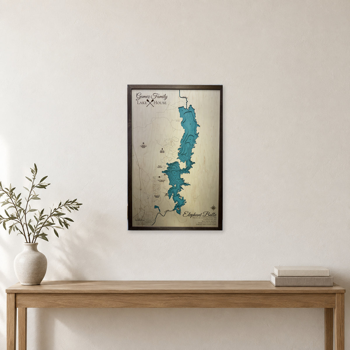 Elephant Butte Reservoir, New Mexico Wood Map — room mockup [MC20261006 q3919 cc863f90d869]