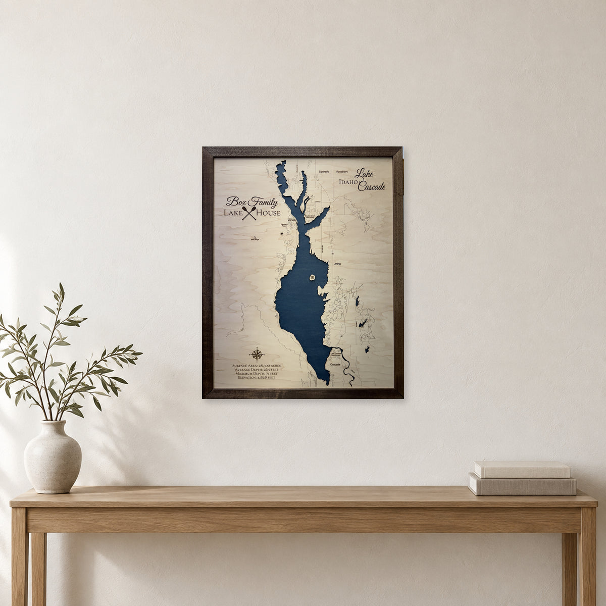 Lake Cascade Idaho Box Family Single Water Layer Wood Map — room mockup [MC20261006 q3931 0d4163cc3f8f]