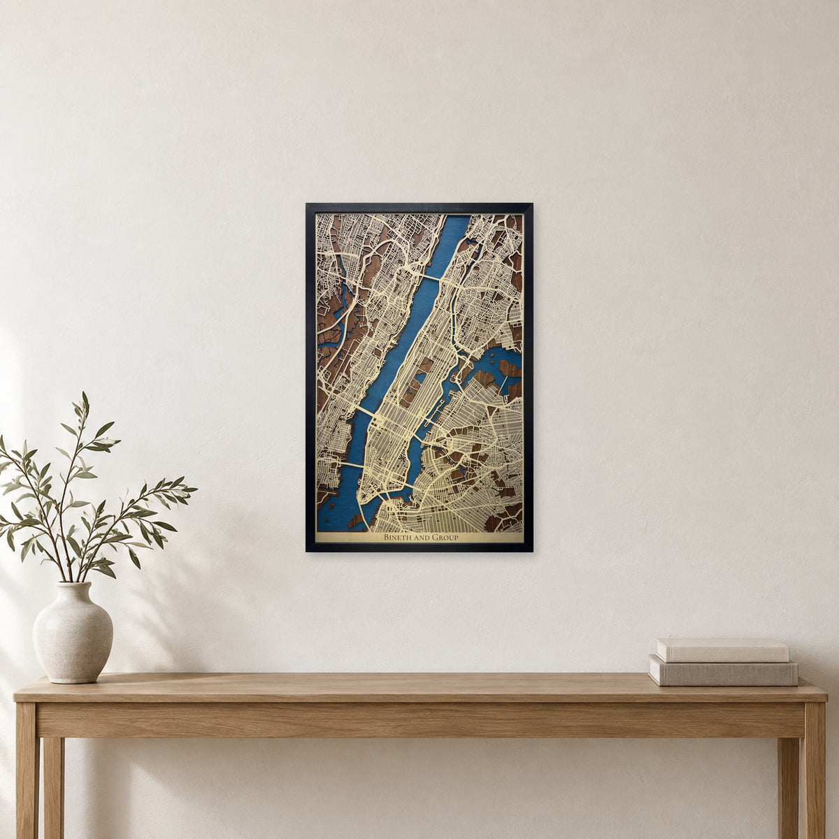 Manhattan New York Bineth and Group Layered City Wood Map — room mockup [MC20261006 q3998 7daaf6429e18]