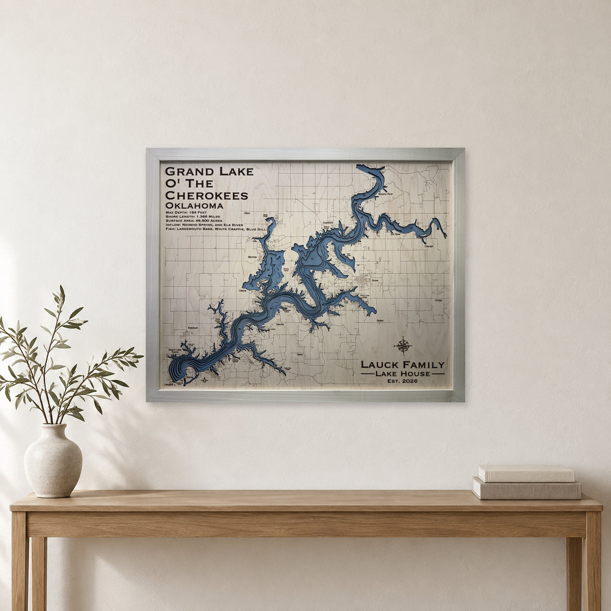 Grand Lake Oklahoma Lauck Family Multilayer Wood Map — room mockup [MC20261006 q4001 8d7ed4fcd39a]