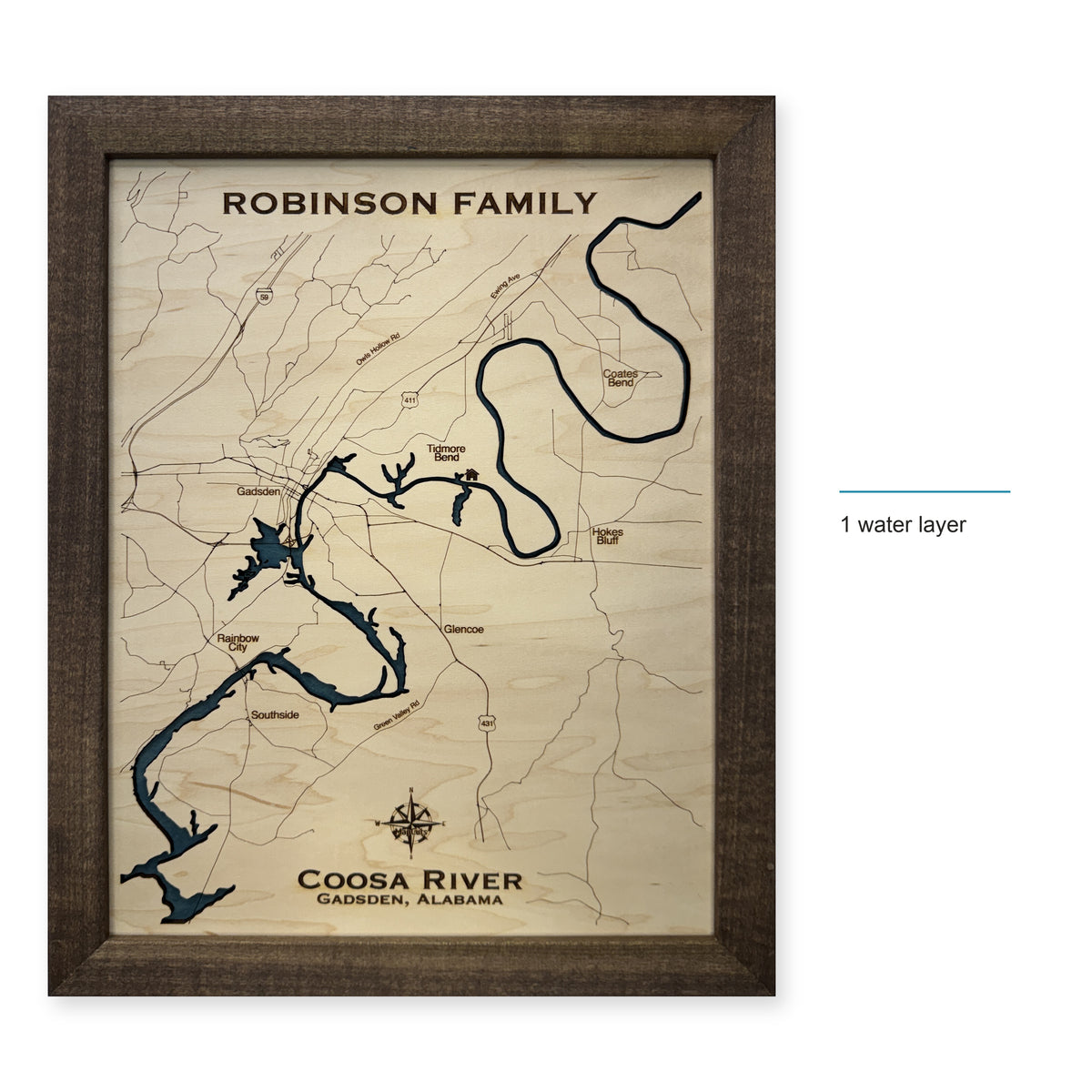 Coosa River, Gadsden, Alabama Wood Map — style-labeled photo [MC20261006 q4022 b5b7a884817b]