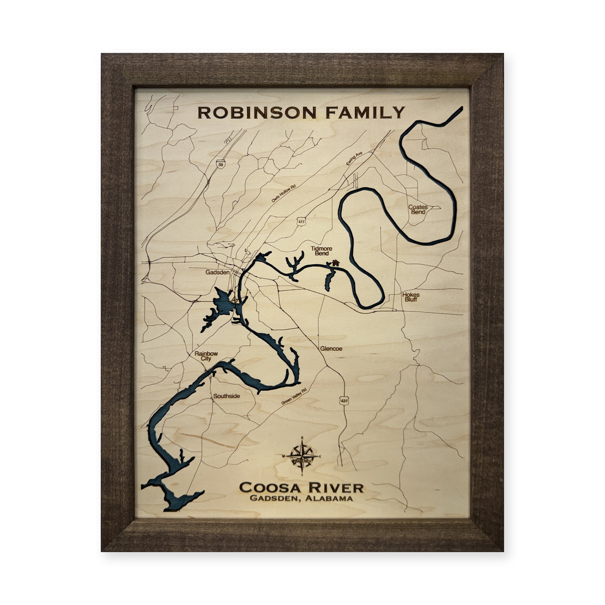 Coosa River, Gadsden, Alabama Wood Map — plain-background photo [MC20261006 q4022 dba1c2eb0722]