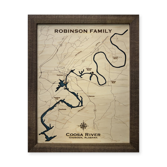 Coosa River, Gadsden, Alabama Wood Map — plain-background photo [MC20261006 q4022 dba1c2eb0722]