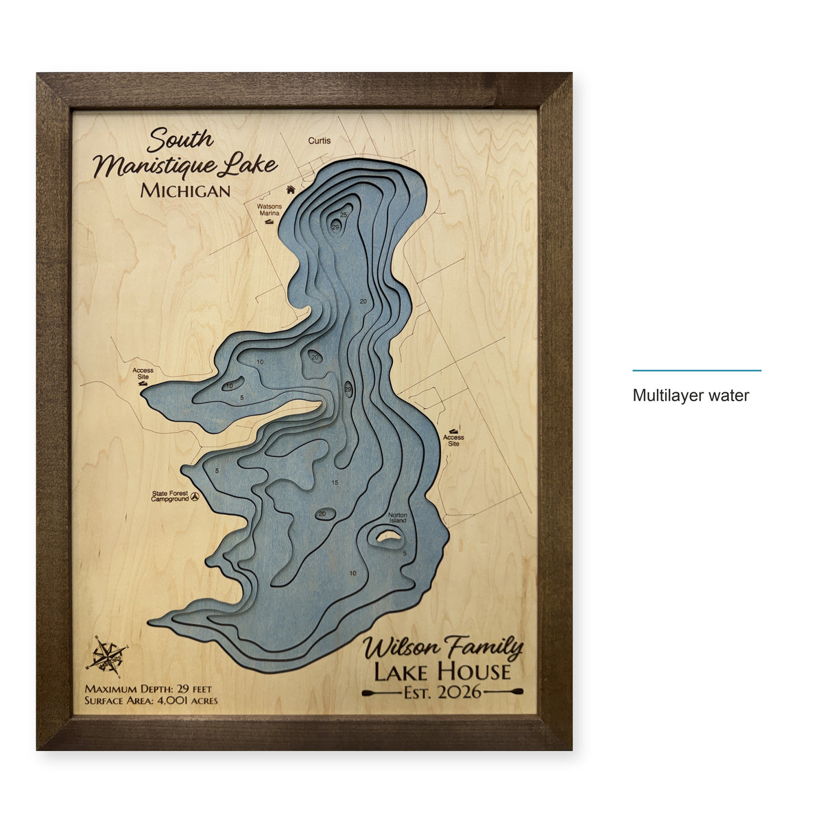 South Manistique Lake, Michigan Wood Map — style-labeled photo [MC20261006 q4026 761566e89310]