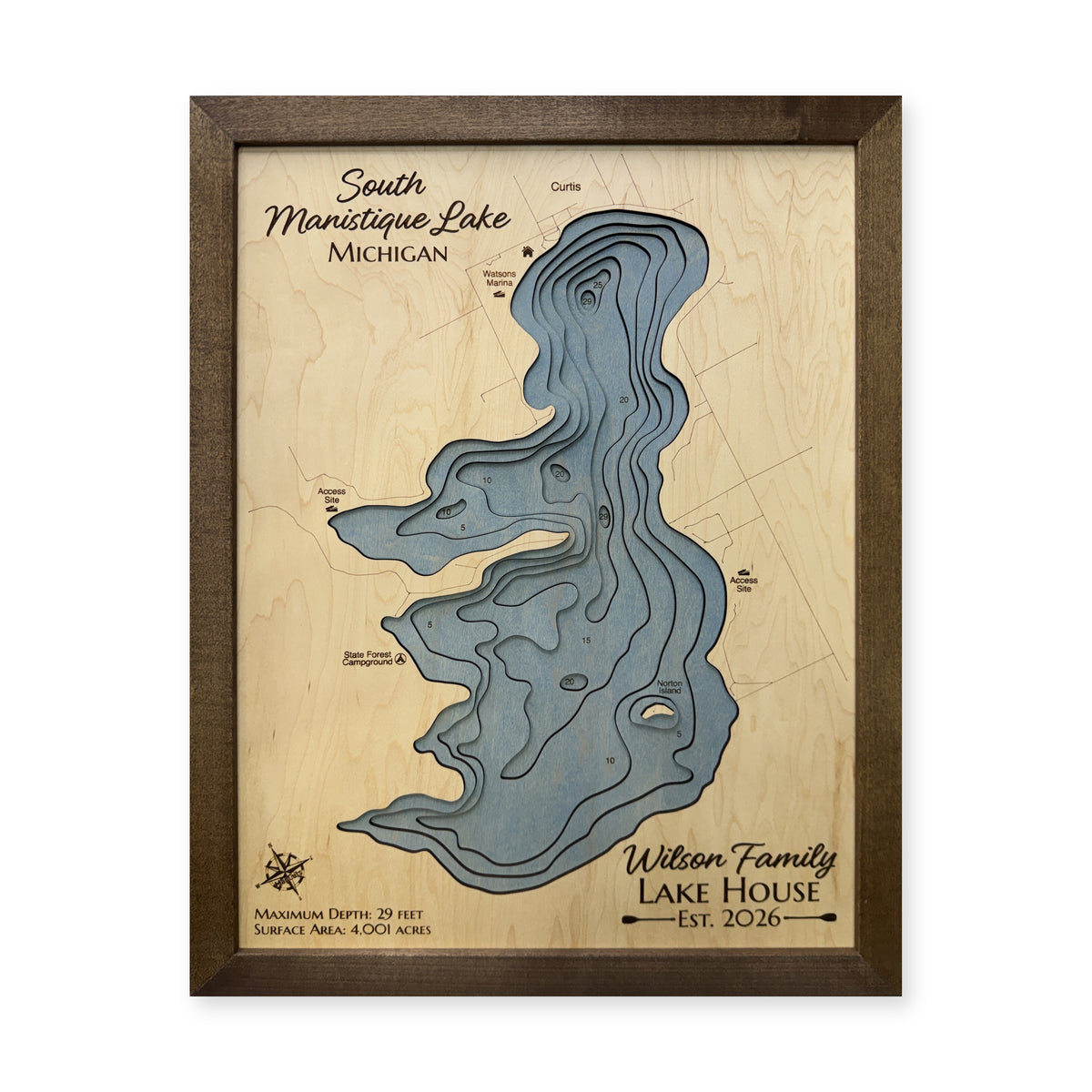 South Manistique Lake, Michigan Wood Map — plain-background photo [MC20261006 q4026 2f015636abf8]