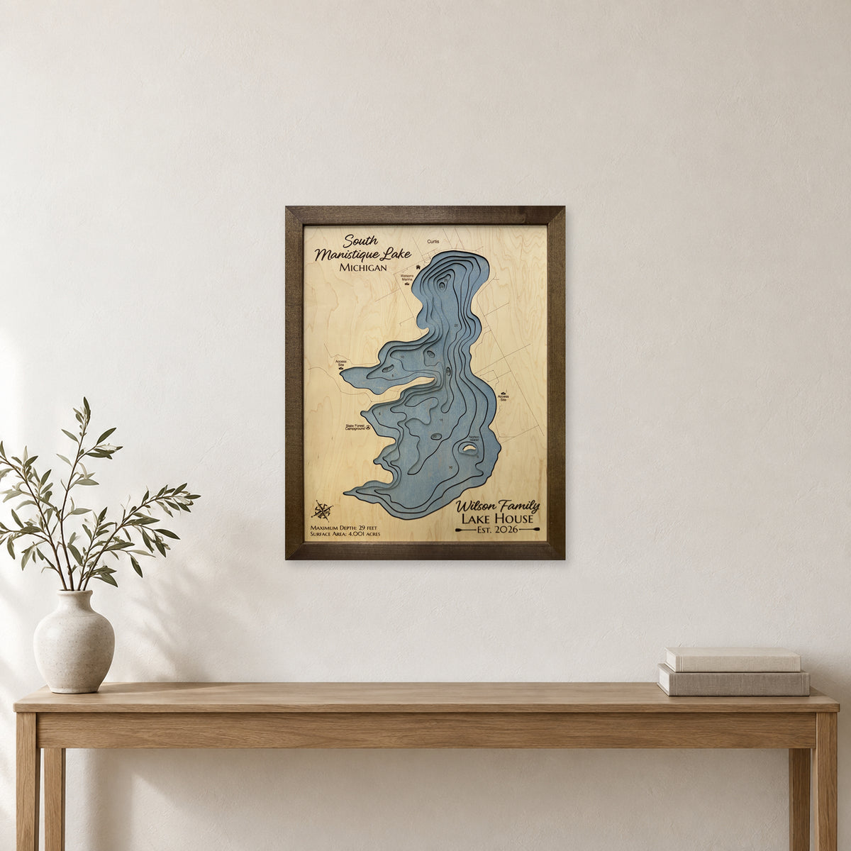 South Manistique Lake, Michigan Wood Map — room mockup [MC20261006 q4026 bf44c8d0efed]