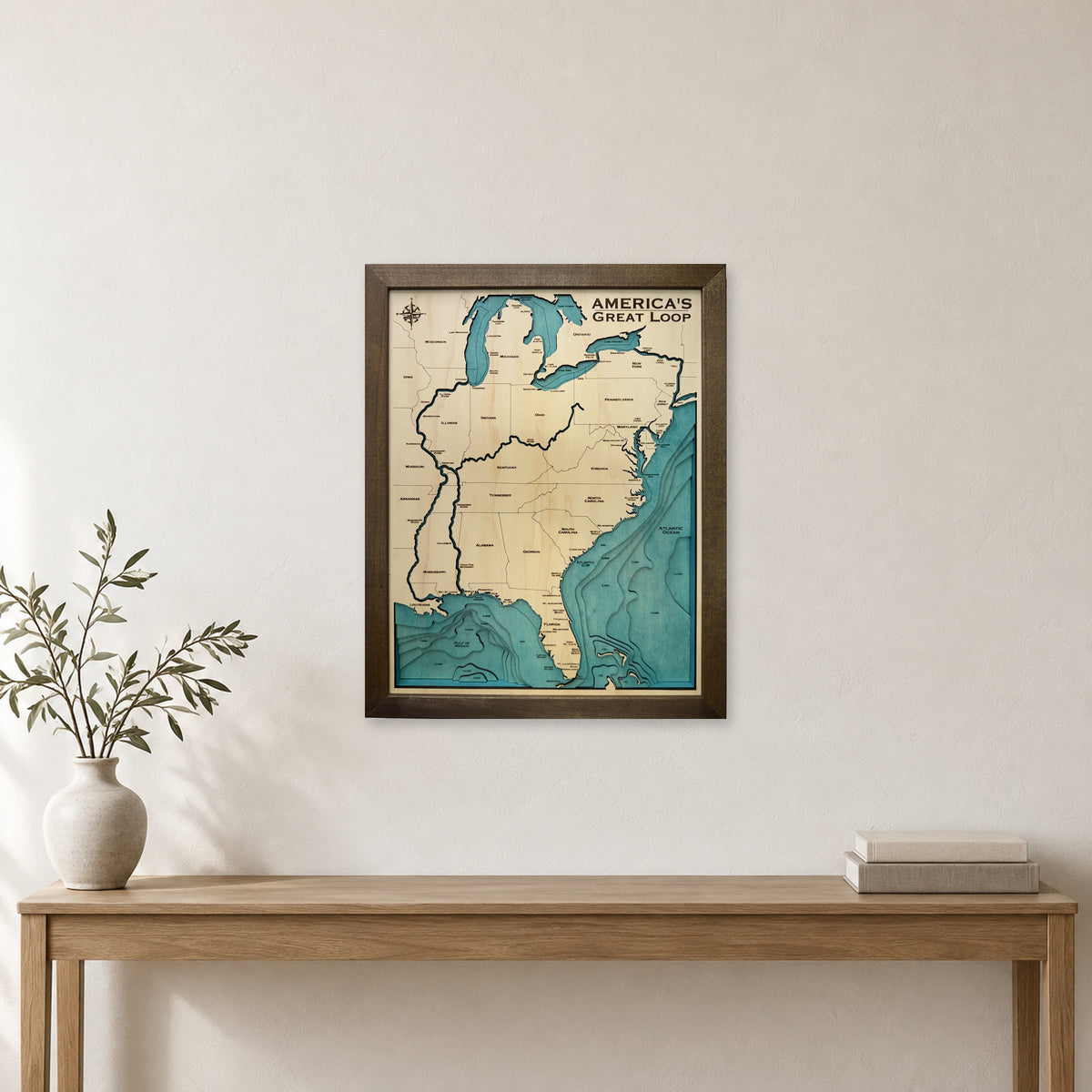 America’s Great Loop Wood Map — room mockup [MC20261006 q4037 9c6e8a3dae42]