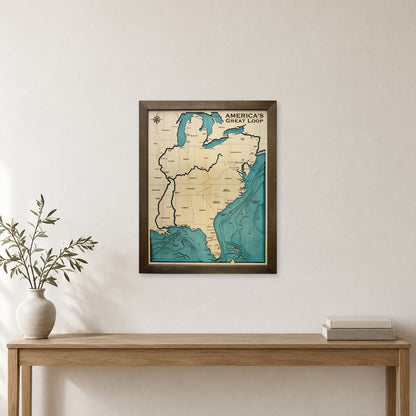 America’s Great Loop Wood Map — room mockup [MC20261006 q4037 9c6e8a3dae42]