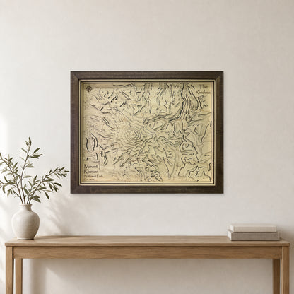 Mount Rainier National Park, Washington Topographic Wood Map — room mockup [MC20261006 q4057 e7315798f327]