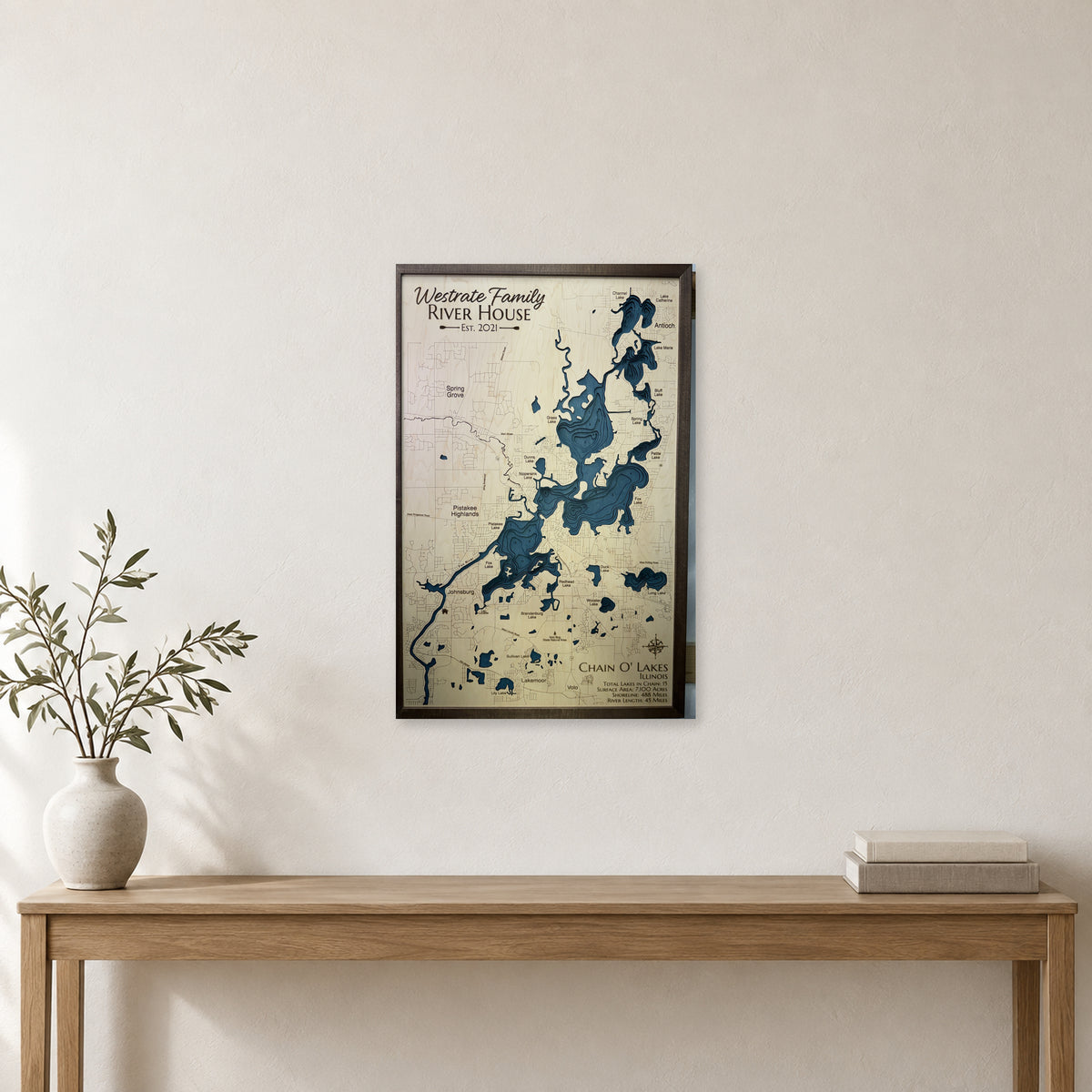 Chain O’ Lakes, Illinois Wood Map — room mockup [MC20261006 q4078 428038ace8f6]