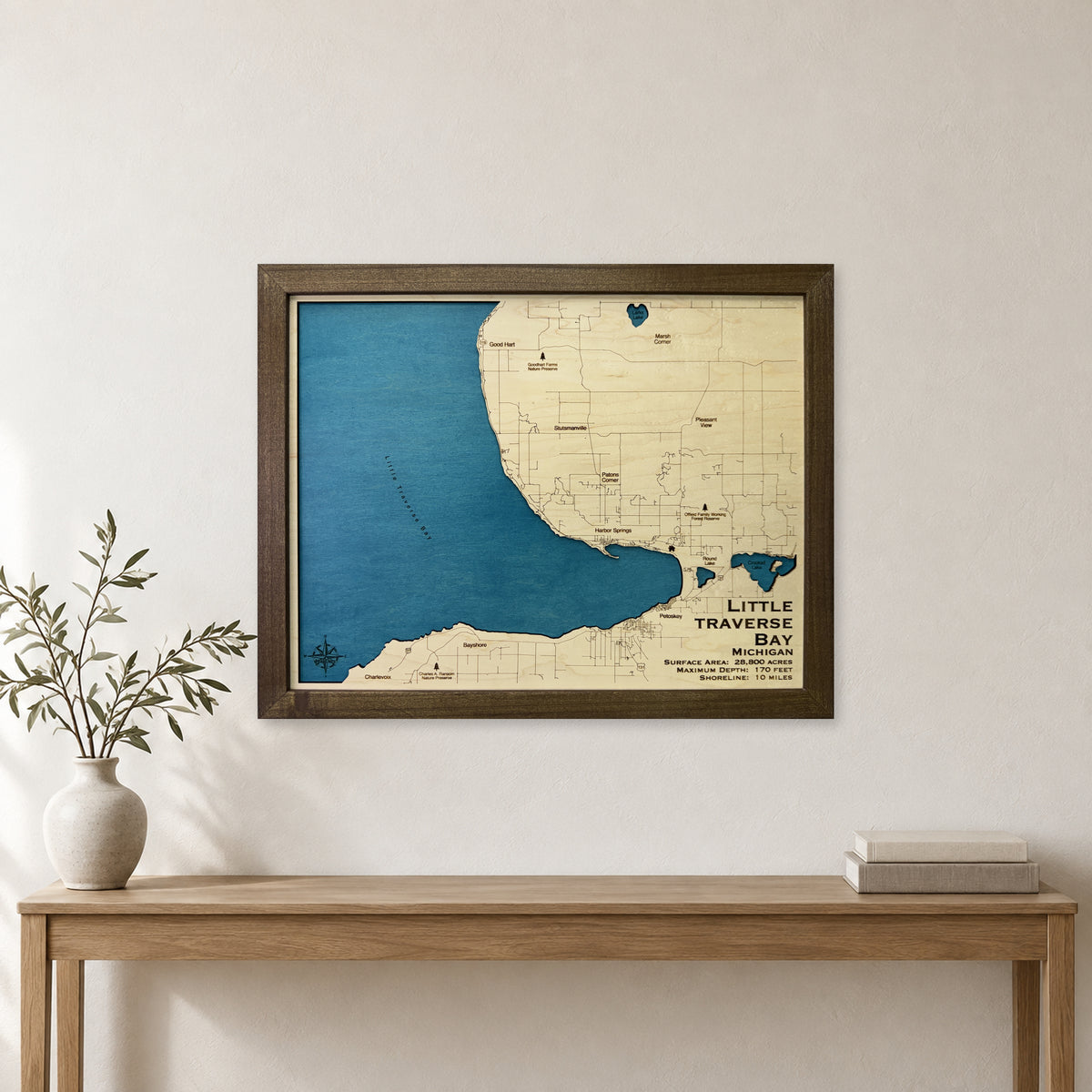 Little Traverse Bay, Michigan Wood Map — room mockup [MC20261006 q4080 d4b85b96a63b]