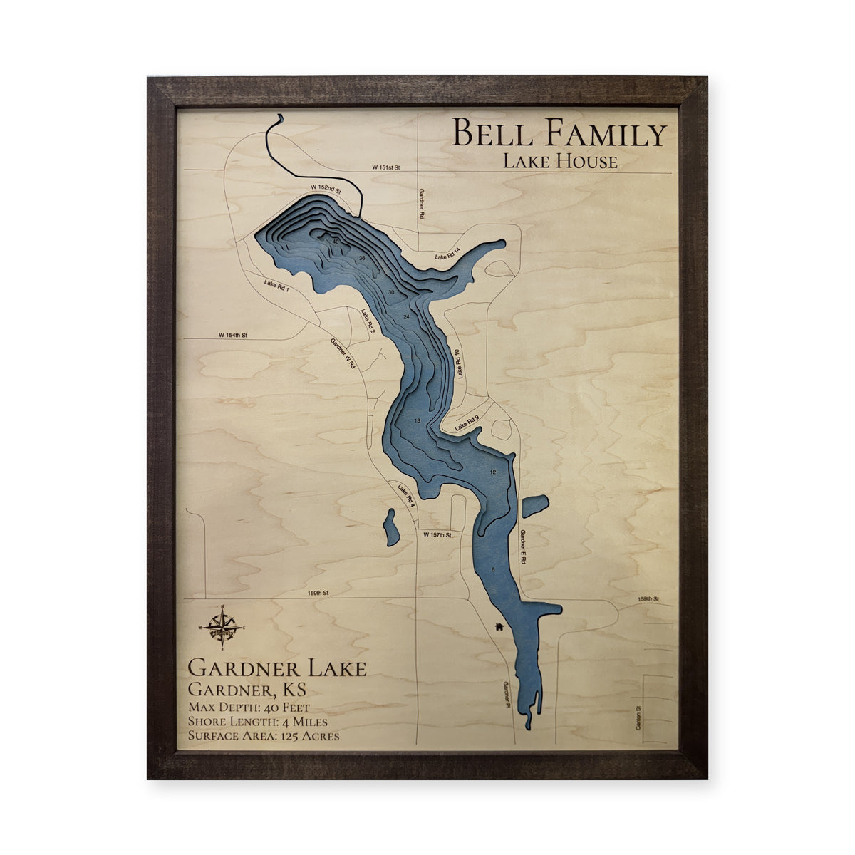 Gardner Lake, Kansas Wood Map — plain-background photo [MC20261006 q4102 c268f52677e7]