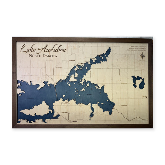 Lake Audubon, North Dakota Wood Map — plain-background photo [MC20261006 q4106 c6853b3d9e68]