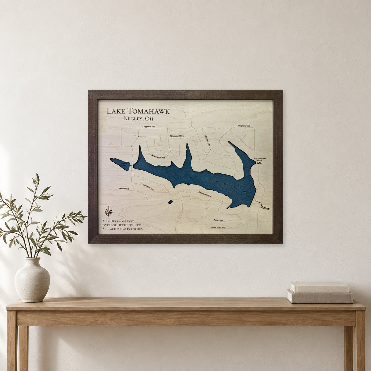 Lake Tomahawk, Negley, Ohio Wood Map — room mockup [MC20261006 q4108 cd509f2567c4]