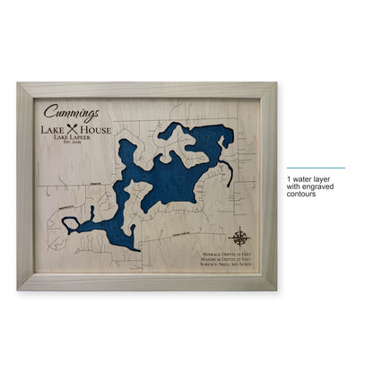 Lake Lapeer Michigan Cummings Engraved Water Wood Map — style-labeled photo [MC20261006 q4110 74695ce366b1]