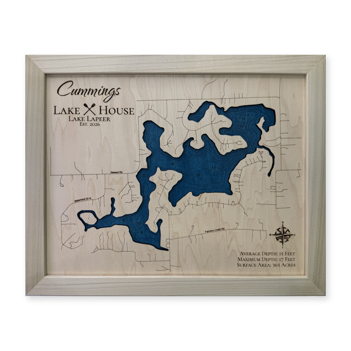 Lake Lapeer Michigan Cummings Engraved Water Wood Map — 1 water layer with engraved contours main photo [MC20261006 q4110 6b58f939ca02]