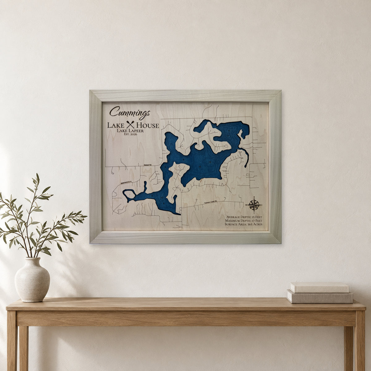 Lake Lapeer Michigan Cummings Engraved Water Wood Map — room mockup [MC20261006 q4110 3000c28623b5]