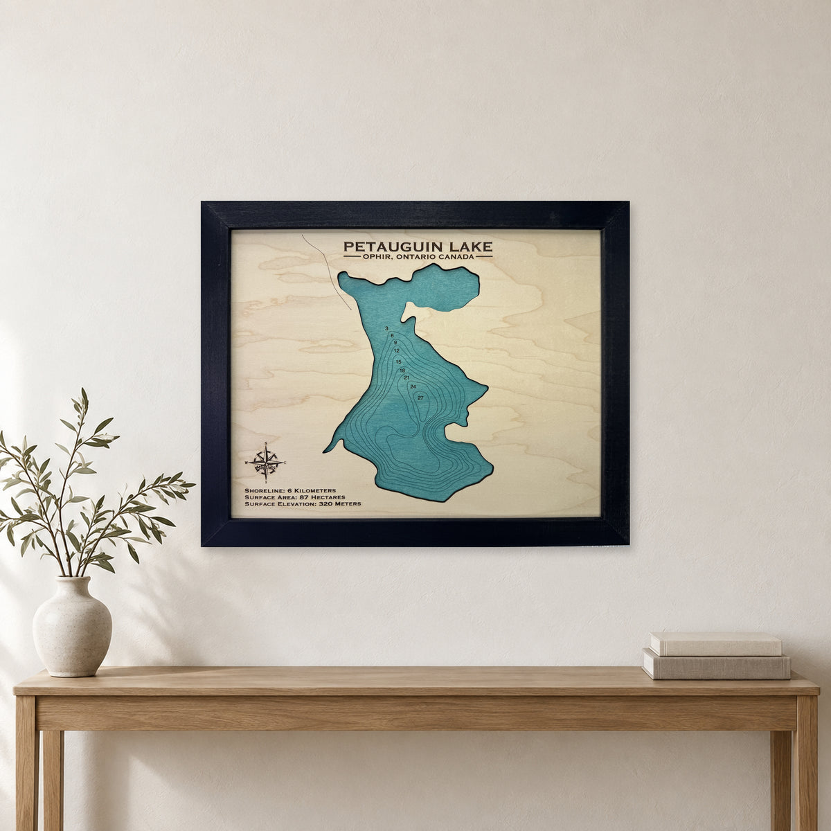 Petauguin Lake, Ophir, Ontario Wood Map — room mockup [MC20261006 q4111 bd192fc6af9b]