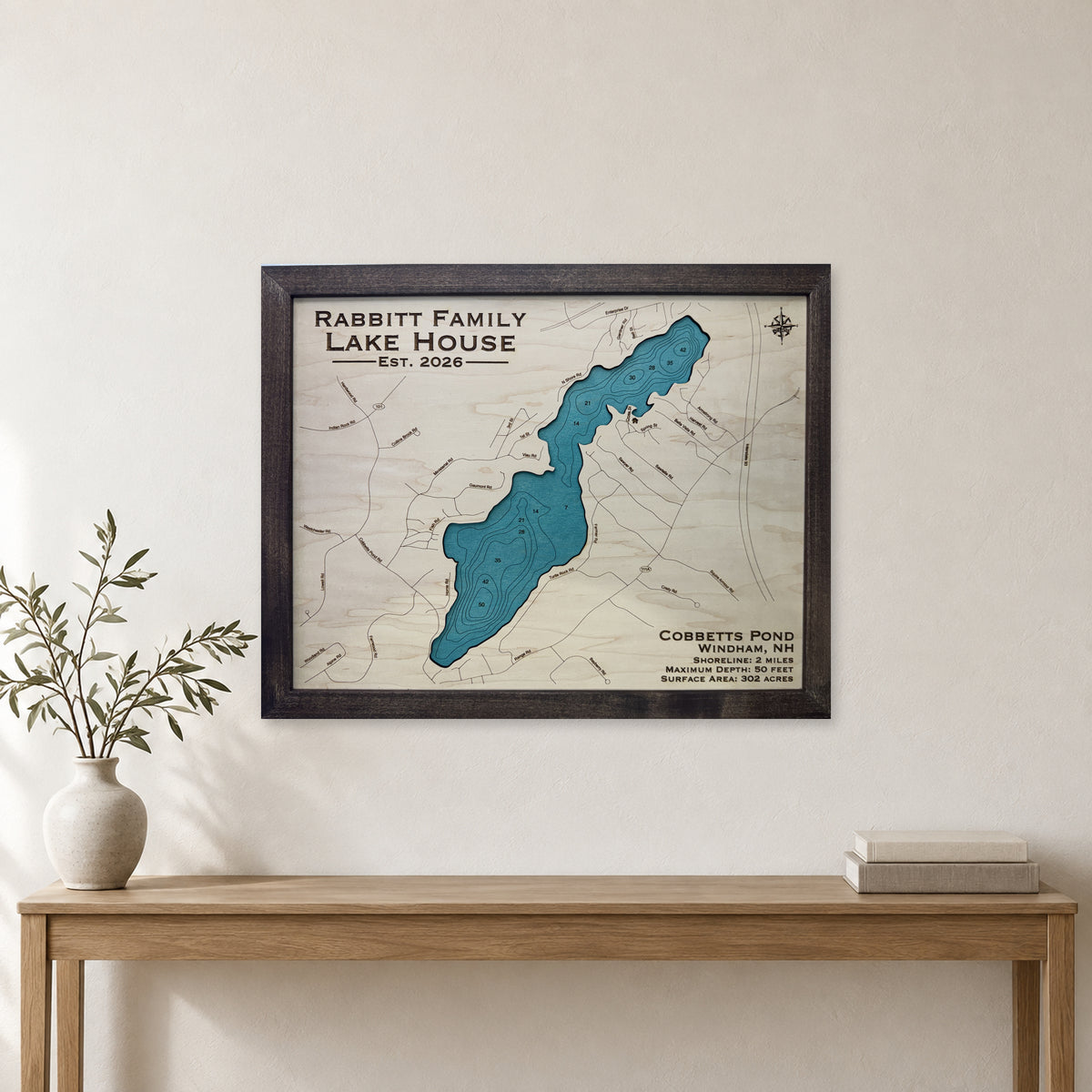 Cobbetts Pond, Windham, New Hampshire Wood Map — room mockup [MC20261006 q4116 30f76953dd69]
