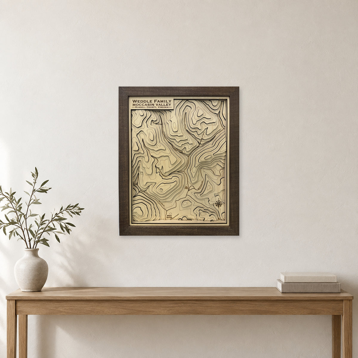 Moccasin Valley, Russell County, Virginia Topographic Wood Map — room mockup [MC20261006 q4127 ab1382b25f23]