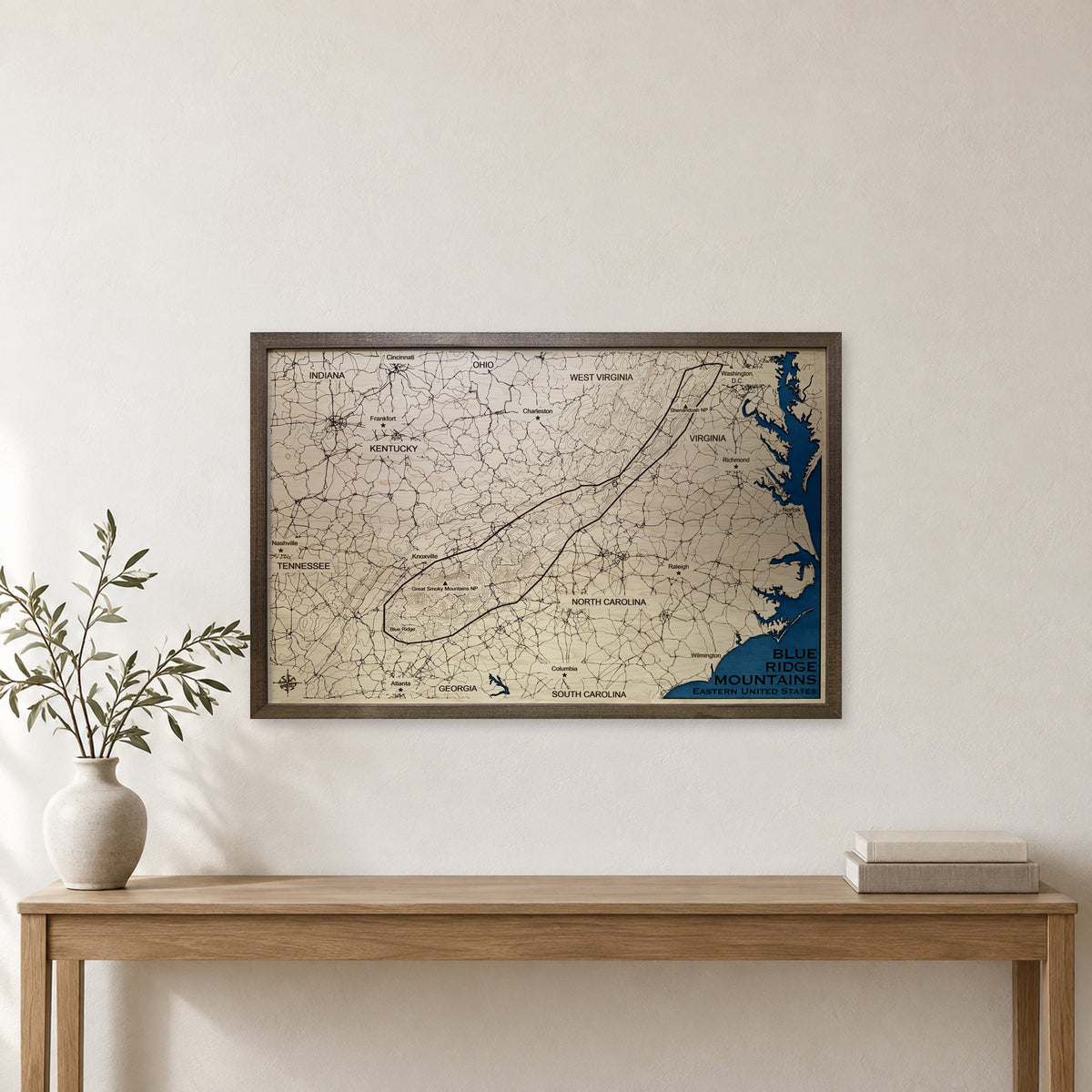 Blue Ridge Mountains, Eastern United States Topographic Wood Map — room mockup [MC20261006 q4162 d8a324a7aa90]