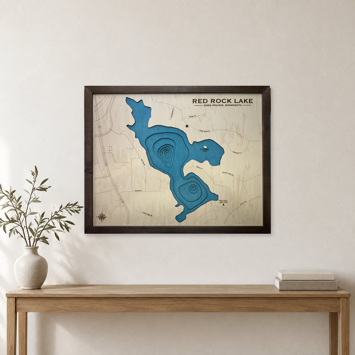 Red Rock Lake, Eden Prairie, Minnesota Wood Map — room mockup [MC20261006 q4186 785739cbfc96]