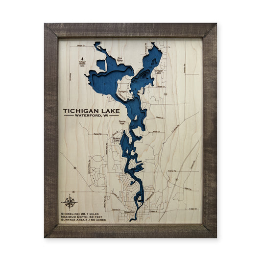 Tichigan Lake, Wisconsin Wood Map — Multilayer water main photo [MC20261006 q4207 51ffea4a9263]