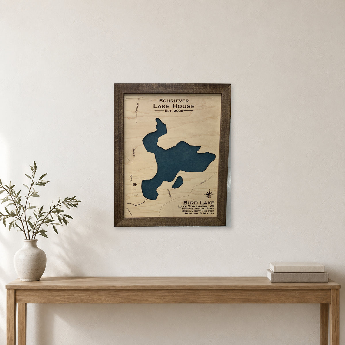 Bird Lake, Lake Tomahawk, Wisconsin Wood Map — room mockup [MC20261006 q4212 563aa67cce6e]