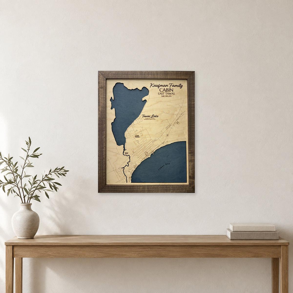 Tawas Lake, East Tawas, Michigan Wood Map — room mockup [MC20261006 q4229 7d322722d362]