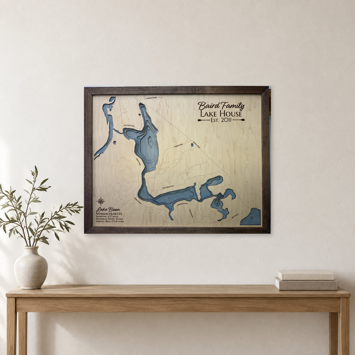 Lake Boon, Massachusetts Wood Map — room mockup [MC20261006 q4238 2325406f2101]