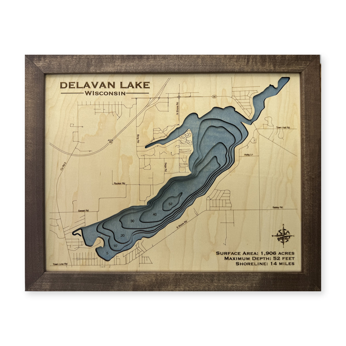 Delavan Lake, Wisconsin Wood Map — plain-background photo [MC20261006 q4240 17f92c78a8dc]