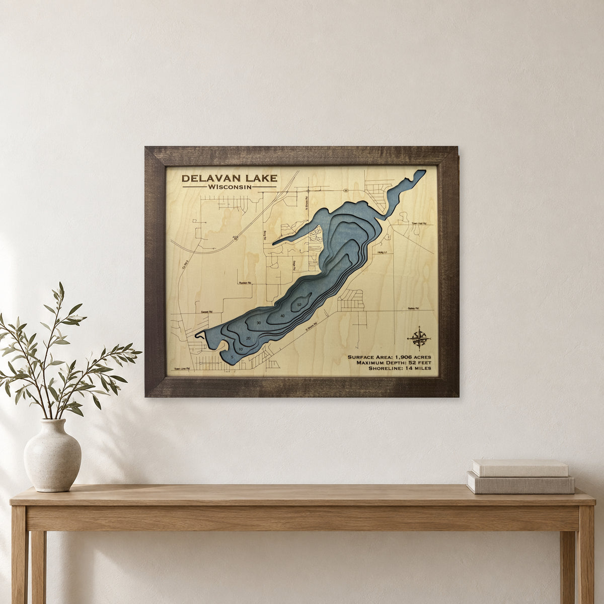 Delavan Lake, Wisconsin Wood Map — room mockup [MC20261006 q4240 6cd28850254c]