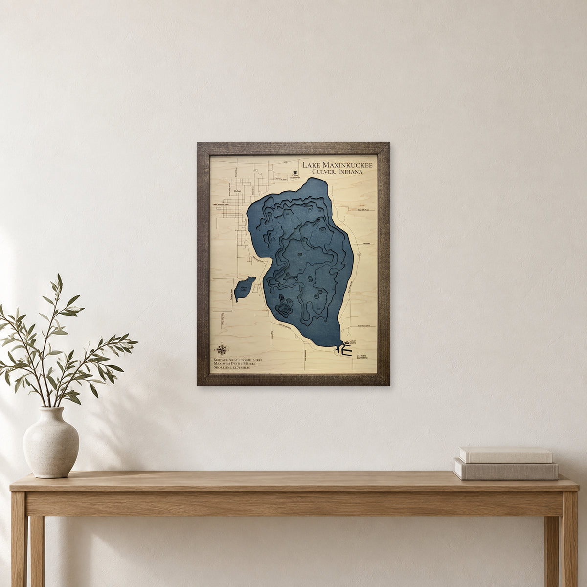 Lake Maxinkuckee, Indiana Wood Map — room mockup [MC20261006 q4241 b81ebeb30d8c]