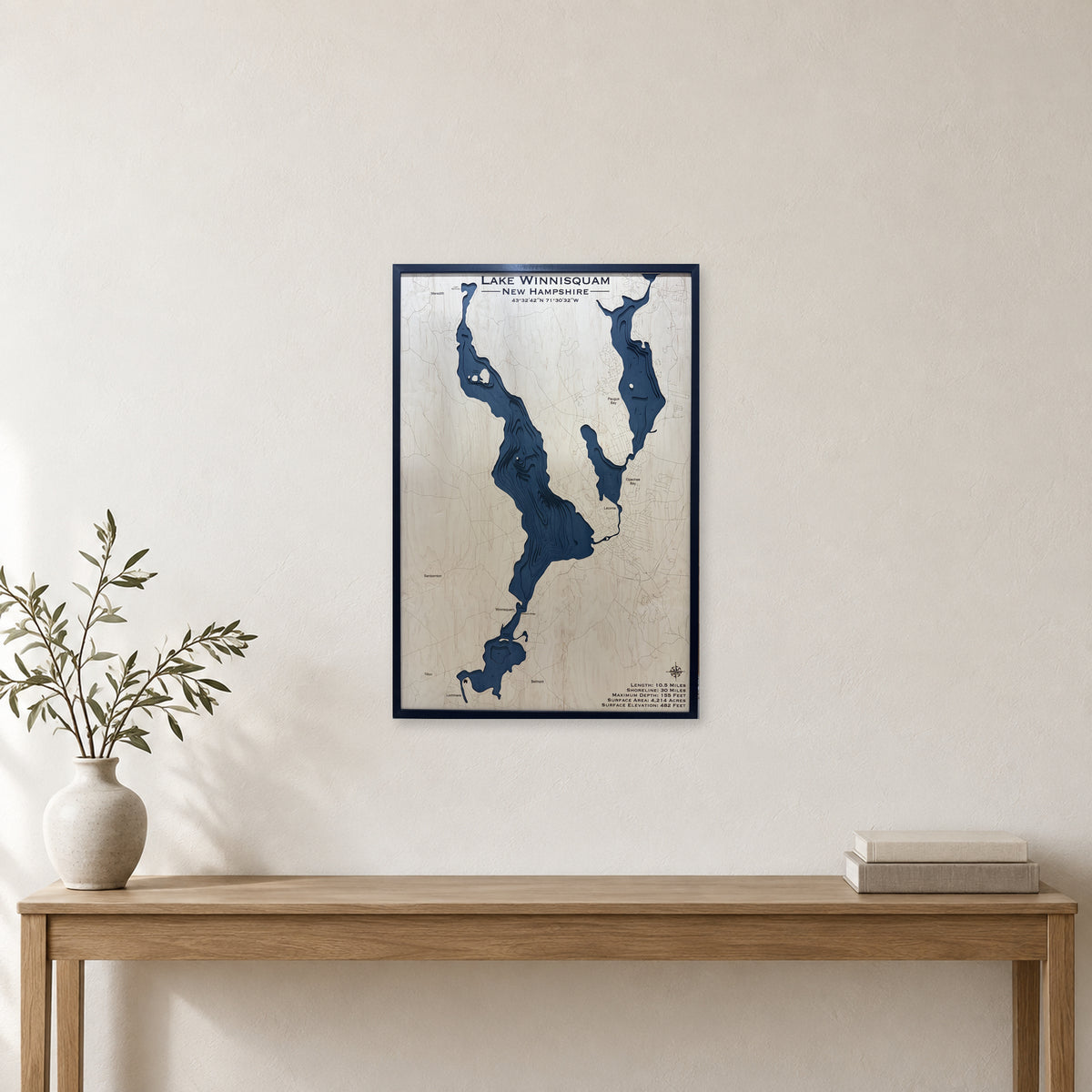 Lake Winnisquam, New Hampshire Wood Map — room mockup [MC20261006 q4250 1e60dab95c45]